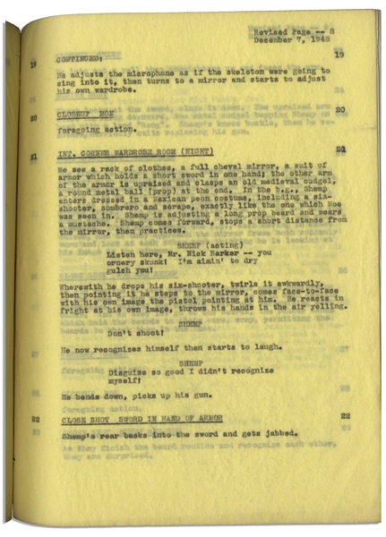 Moe Howard's 22pp. Script Dated May 1948 for The Three Stooges Film ''Three Hams on Rye'', Working Title ''How Hammy Was My Hamlet'' -- With 7 Additional Pages of Script Revisions -- Very Good Plus
